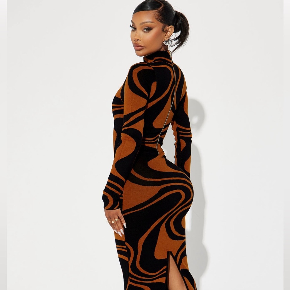 Fashion Nova Black and Brown Long Sleeve Bodycon Dress